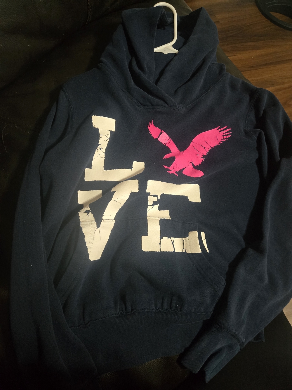 American Eagle Outfitters Navy Blue Hoodie with Whie LOVE and Pink Eagle - Picture 3 of 4